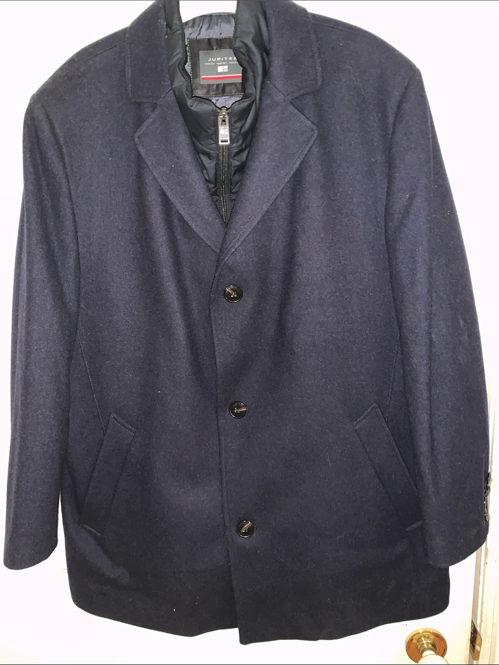 Jupiter Men’s Navy Wool Coat with Quilted and Zip off Collar